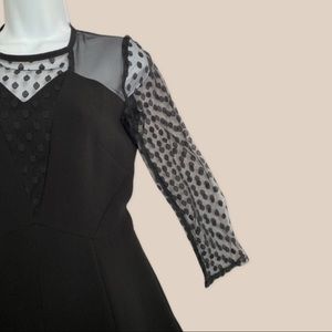 Sandro LBD Black Midi Dress w Mesh lace cut out transparent top detail w sleeves